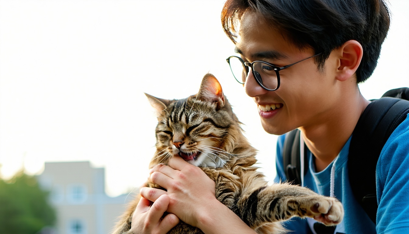 College student with a playful cat