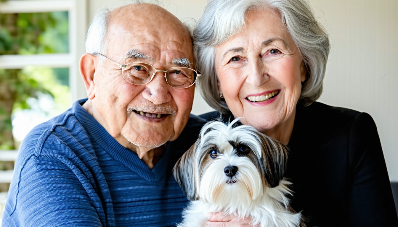 Elderly couple smiling with their new pet