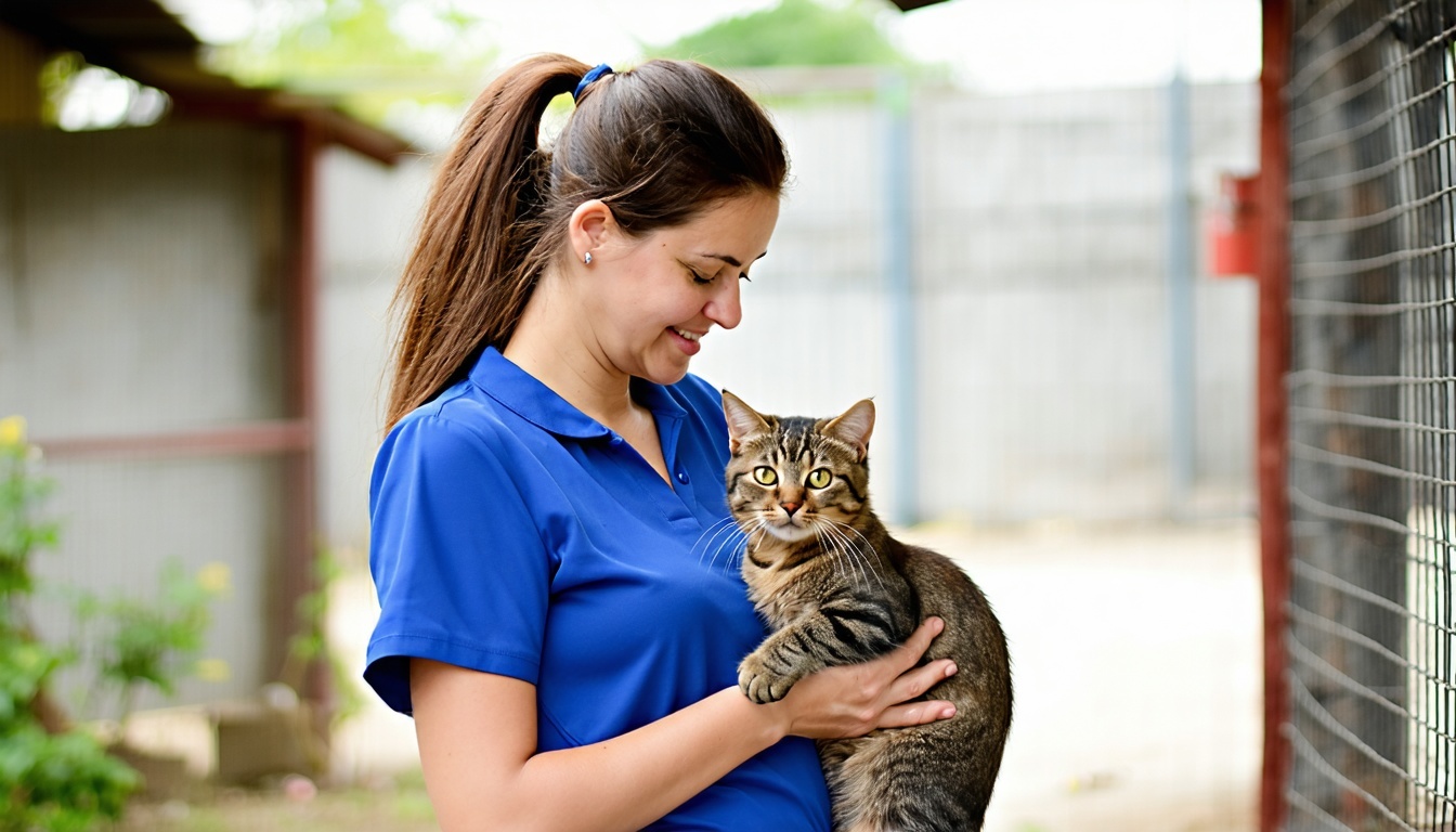Volunteer caring for a shelter cat