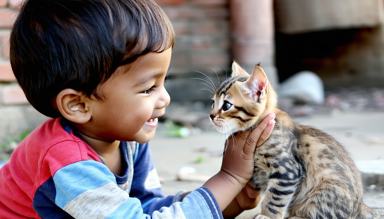 Child playing with a rescued kitten